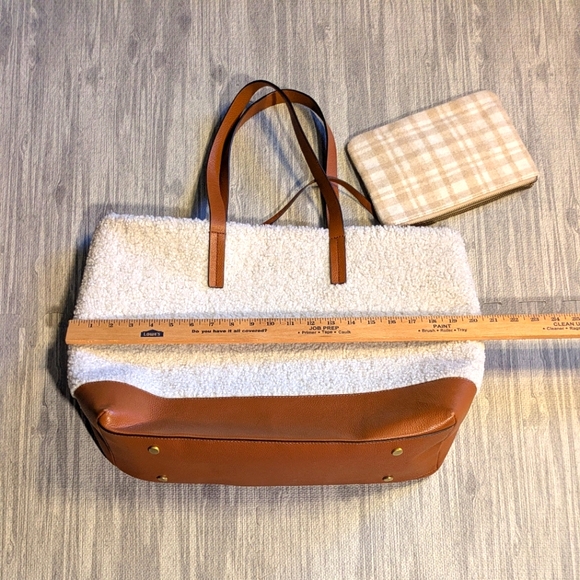 Women's J.Jill Wool & Leather Tote, detachable‎ clutch, cream & camel brown - Picture 4 of 15